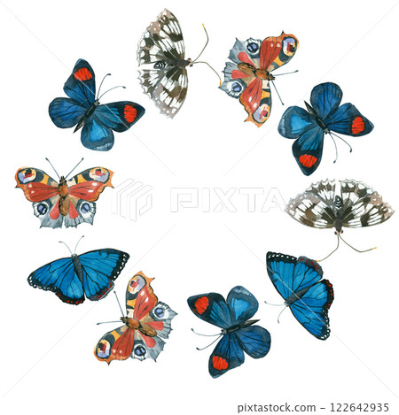 Butterflies of different colors and species hand-drawn with watercolors. Wreath of butterflies, peacock eye, Morpho, hexapod in blue, red and black shades. illustration. For printing on fabric, paper. Butterflies of different colors and species hand-drawn with watercolors. Wreath of butterflies, peacock eye, Morpho, hexapod in blue, red and black shades. illustration. For printing on fabric, paper. 122642935