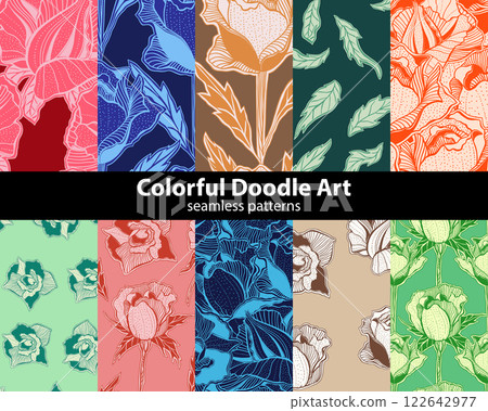 Abstract Floral Artistic Seamless Patterns Set, Colorful Multicolored Vector Backgrounds with Fantasy Flowers 122642977