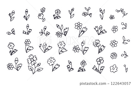 Hand drawn black and white outlined doodle daisy flowers set 122643057