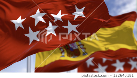 Detail of the Community of Madrid flag waving with national spanish flag Detail of the Community of Madrid flag waving with national spanish flag 122643191