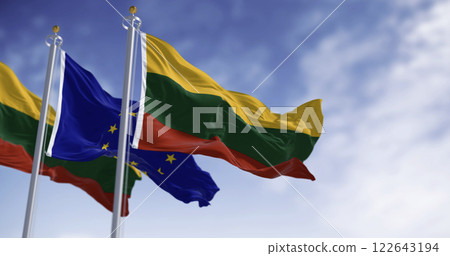 Flags of Lithuania and the European Union waving together on a clear day 122643194