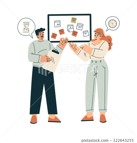 Time Management with Man and Woman Character Organizing Efficient Business Process Vector Illustration 122643255