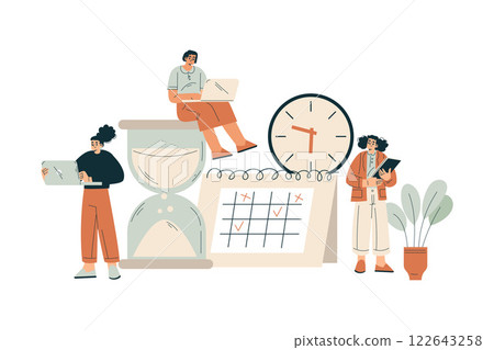 Time Management with Man and Woman Character Organizing Efficient Business Process Vector Illustration Time Management with Man and Woman Character Organizing Efficient Business Process Vector Illustration 122643258