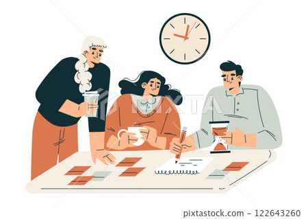 Time Management with Man and Woman Character Organizing Efficient Business Process Vector Illustration 122643260