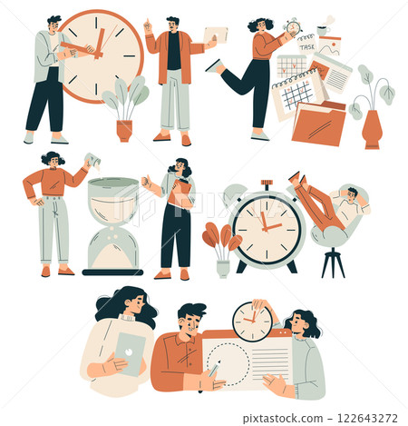 Time Management with Man and Woman Organizing Efficient Business Process Vector Set 122643272