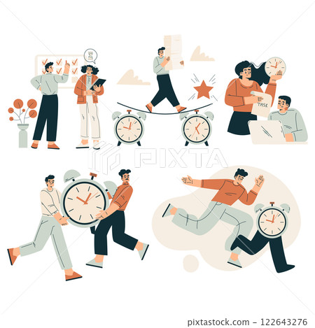 Time Management with Man and Woman Organizing Efficient Business Process Vector Set 122643276