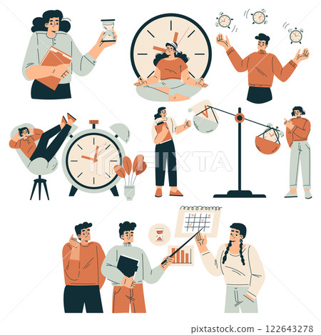 Time Management with Man and Woman Organizing Efficient Business Process Vector Set 122643278