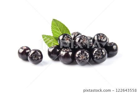 Aronia fruits with leaves on white backgrounds 122643558