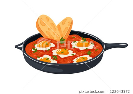 Turkish eggs menemen in pan in cartoon style. Traditional middle east breakfast cuisine with fresh bread and herbs. Isolated on a white background. 122643572