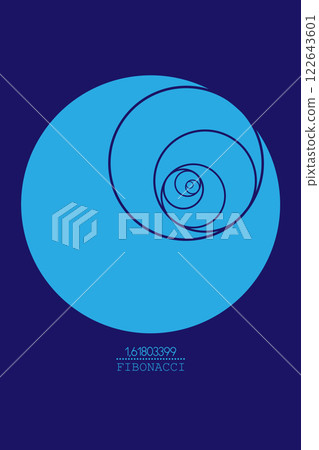 Fibonacci Sequence Circle. Golden ratio. Geometric shapes spiral. Light blue Circles in golden proportion, minimalist flat design. Vector circular Logo icon isolated on blue background 122643601