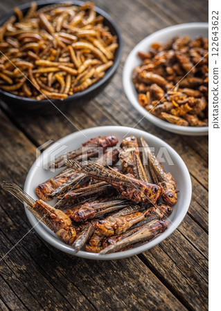 Dried salted insect. Roasted grasshoppers in bowl on wooden table. Dried salted insect. Roasted grasshoppers in bowl on wooden table. 122643622