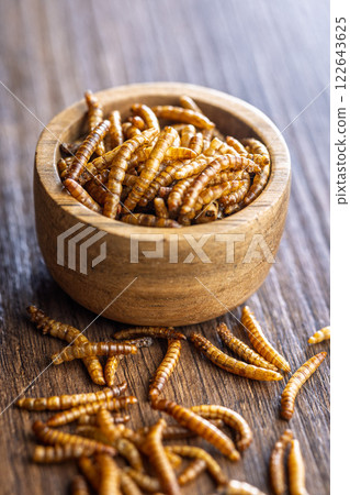 Dried salted worms. Roasted mealworms in bowl on wooden table. Dried salted worms. Roasted mealworms in bowl on wooden table. 122643625