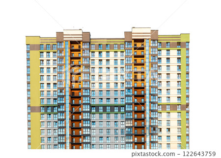 Modern high-rise residential building acade, contemporary urban design, house construction, condo. 122643759
