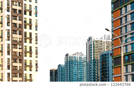 Modern multistorey residential buildings, facades, high-rise structure featuring concrete and glass 122643766