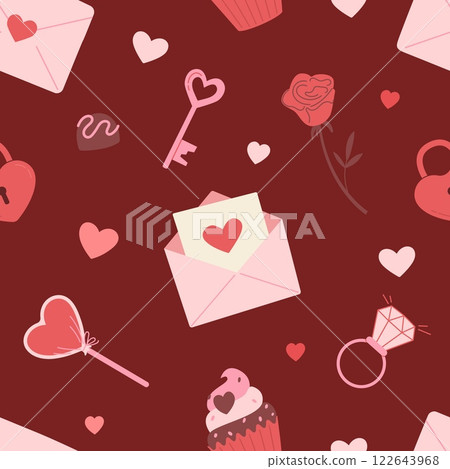 Romantic seamless pattern with letters, sweets, key and heart shapes. Valentines day vector illustration. Romantic seamless pattern with letters, sweets, key and heart shapes. Valentines day vector illustration. 122643968