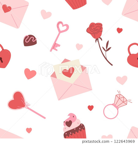 Romantic seamless pattern with letters, sweets, key and heart shapes on white background. Valentines day vector illustration. 122643969