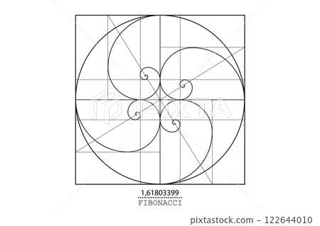 Fibonacci Sequence Spirals. Golden ratio. Geometric shapes spiral in golden proportion, minimalist line art design. Vector circular Logo icon isolated on white background 122644010