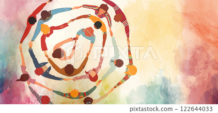 Group people in circle from diverse culture holding hands.Teamwork and cooperation.Community of friends or volunteers committed to social issues for peace and the environment.Top view 122644033