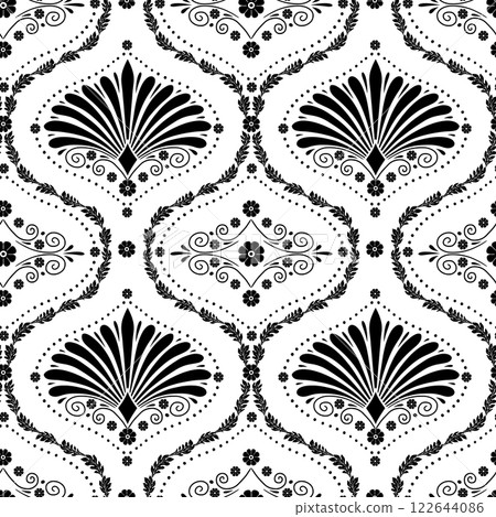 Seamless pattern with black anthemion floral shapes and ogee geometrical motifs on a white background 122644086