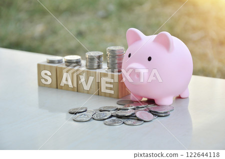 Piggy bank and coins, saving and investment concept Piggy bank and coins, saving and investment concept 122644118