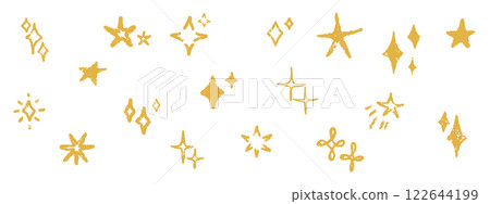 A set of grunge patterns with shiny stars. Comets and shimmering golden stars drawn in pencil with chalk brush. Vector illustration. 122644199