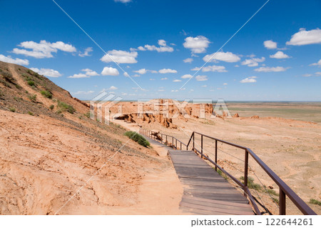 Flaming Cliffs rocks landscape, Mongolia. Gobi desert Flaming Cliffs rocks landscape, Mongolia. Gobi desert 122644261