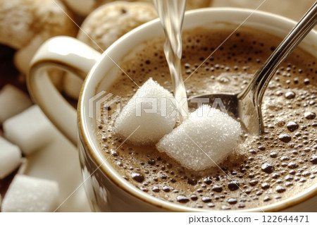 Person adding sugar with a spoon to cup of fresh aromatic coffee. Close up of teaspoon putting brown sugar cubes into hot drink mug and pouring water. Sugar Being Poured into Cup of Coffee, Close-Up 122644471