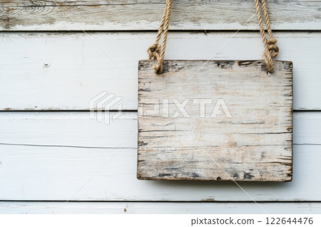 Wooden Signboard with Rope. Wood sign board template. Hanging notice board with empty white space. Blank rustic textured vintage board. Timber mock-up, customizable surface. Retro Style Ancient Sign. 122644476