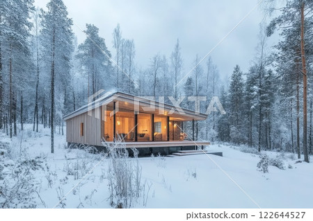 Wooden house in a snowy forest. 122644527