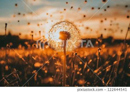 Dandelion in field at sunset. 122644541