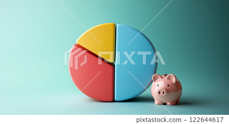 Colorful 3 section pie chart and piggy bank in blue background. Financial strategy and savings structure concept 122644617
