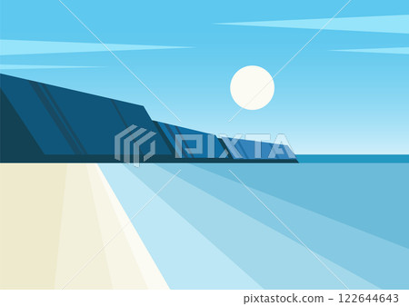 Blue seaside landscape vector illustration. Seaside with mountains. Vector seaside mountains poster 122644643