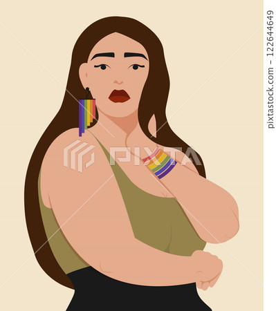 Woman with lgbtq rainbow flag. Pride month celebration against violence, discrimination Woman with lgbtq rainbow flag. Pride month celebration against violence, discrimination 122644649