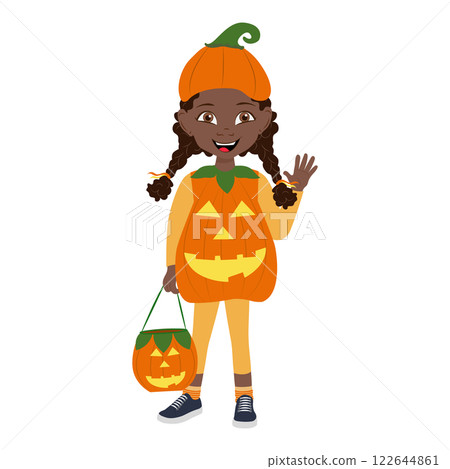 Flat  Illustration of Cute African American Kid Girl Wearing a Pumpkin Halloween Costume. Item 1 122644861