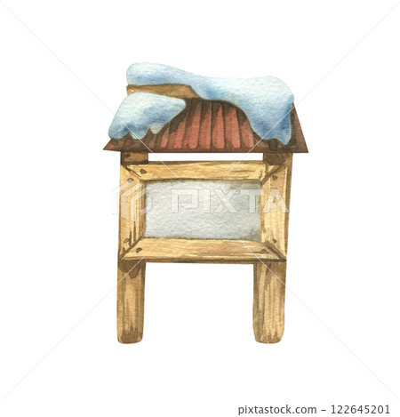 Information stand with empty space for text wooden with tiled roof and snow outdoor for forests and parks. Watercolor winter illustration hand drawn. Separate element object isolated from background. 122645201