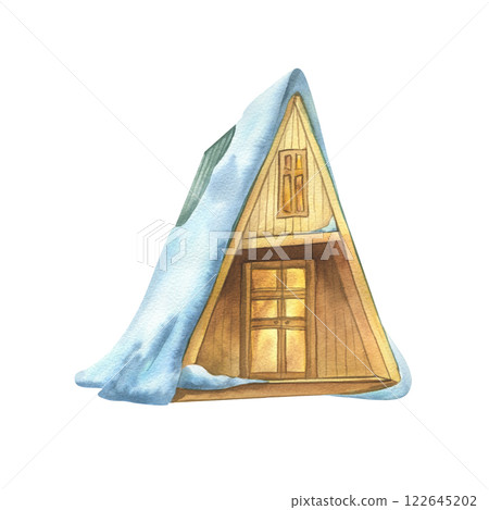 Triangular wooden houses for outdoor recreation A-frame with burning light in windows, cozy with snowy roofs. Watercolor winter illustration hand drawn. Separate element isolated from background. Triangular wooden houses for outdoor recreation A-frame with burning light in windows, cozy with snowy roofs. Watercolor winter illustration hand drawn. Separate element isolated from background. 122645202
