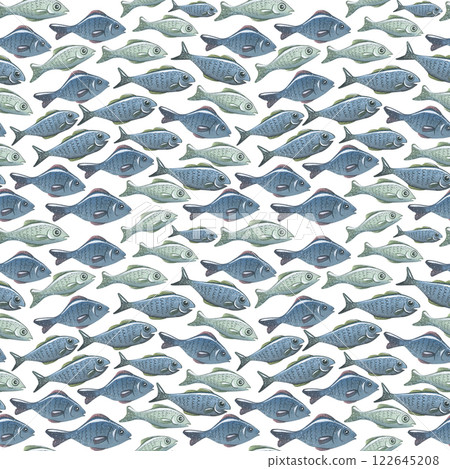 Simple fish and bubbles in a watercolor, seamless pattern. A flock, a school of fish, in blue-gray color. For decoration and design of fabrics, textiles, wallpaper, covers, equipment of fishermen Simple fish and bubbles in a watercolor, seamless pattern. A flock, a school of fish, in blue-gray color. For decoration and design of fabrics, textiles, wallpaper, covers, equipment of fishermen 122645208