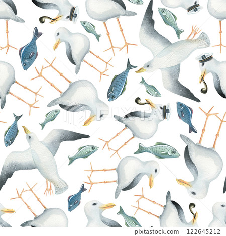 Sea gulls. flying, standing in a captain's cap and smoking a pipe. Watercolor illustration. Seamless pattern. For decoration of children's wallpaper, fabrics. textiles, clothing, prints, paper Sea gulls. flying, standing in a captain's cap and smoking a pipe. Watercolor illustration. Seamless pattern. For decoration of children's wallpaper, fabrics. textiles, clothing, prints, paper 122645212
