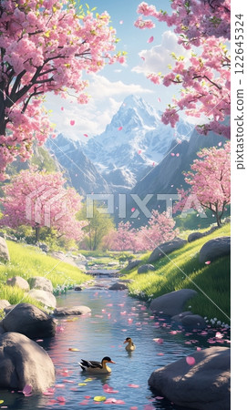Springtime tranquility in a vibrant valley with peach blossoms and a flowing river Springtime tranquility in a vibrant valley with peach blossoms and a flowing river 122645324
