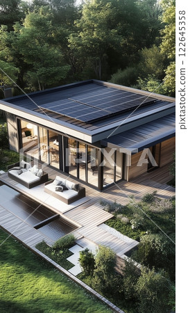 Modern eco-friendly home with solar panels and lush garden in a suburban environment 122645358