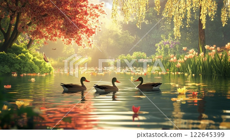 Tranquil pond with swimming ducks and blooming lilies in vibrant spring scenery 122645399
