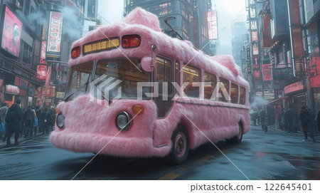 Whimsical pink plush school bus cruising through a vibrant cityscape at daylight 122645401