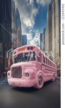 Whimsical pink plush school bus moves through a modern cityscape filled with vibrant energy 122645402