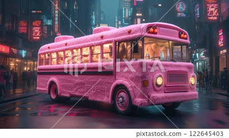 Cozy pink plush bus drives through neon city streets filled with life and energy 122645403