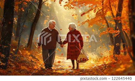 Elderly couple enjoys a peaceful stroll hand in hand through an autumn forest 122645440