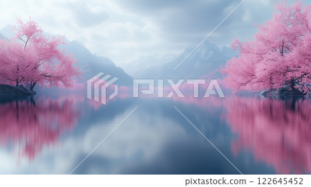Fantasy landscape featuring pink mountains and cherry blossoms reflecting in a tranquil lake 122645452