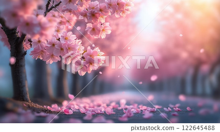 Cherry trees in vibrant bloom under warm sunlight against a clear blue sky 122645488
