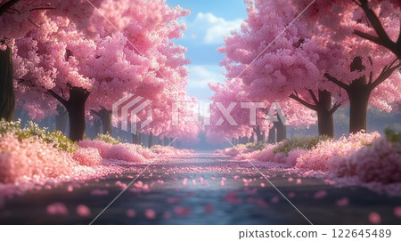 Blooming cherry trees illuminate a peaceful pathway under a clear blue sky Blooming cherry trees illuminate a peaceful pathway under a clear blue sky 122645489
