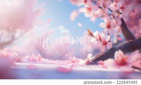 Cherry trees bloom beautifully under sunlight with petals scattered on the ground 122645495