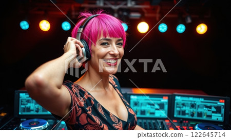 old modern woman behind a DJ booth 122645714